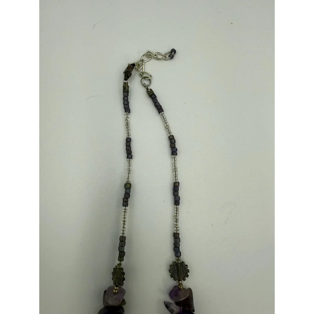 Vintage Purple Stone Beaded Necklace Pendant‎ Silver Tone Boho Statement